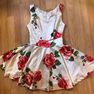 White Satin Skater Dress with Rose Print
